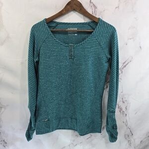 Outdoor Research Shirt Womens Small Green Striped Mikayla Henley Ruched Seamless